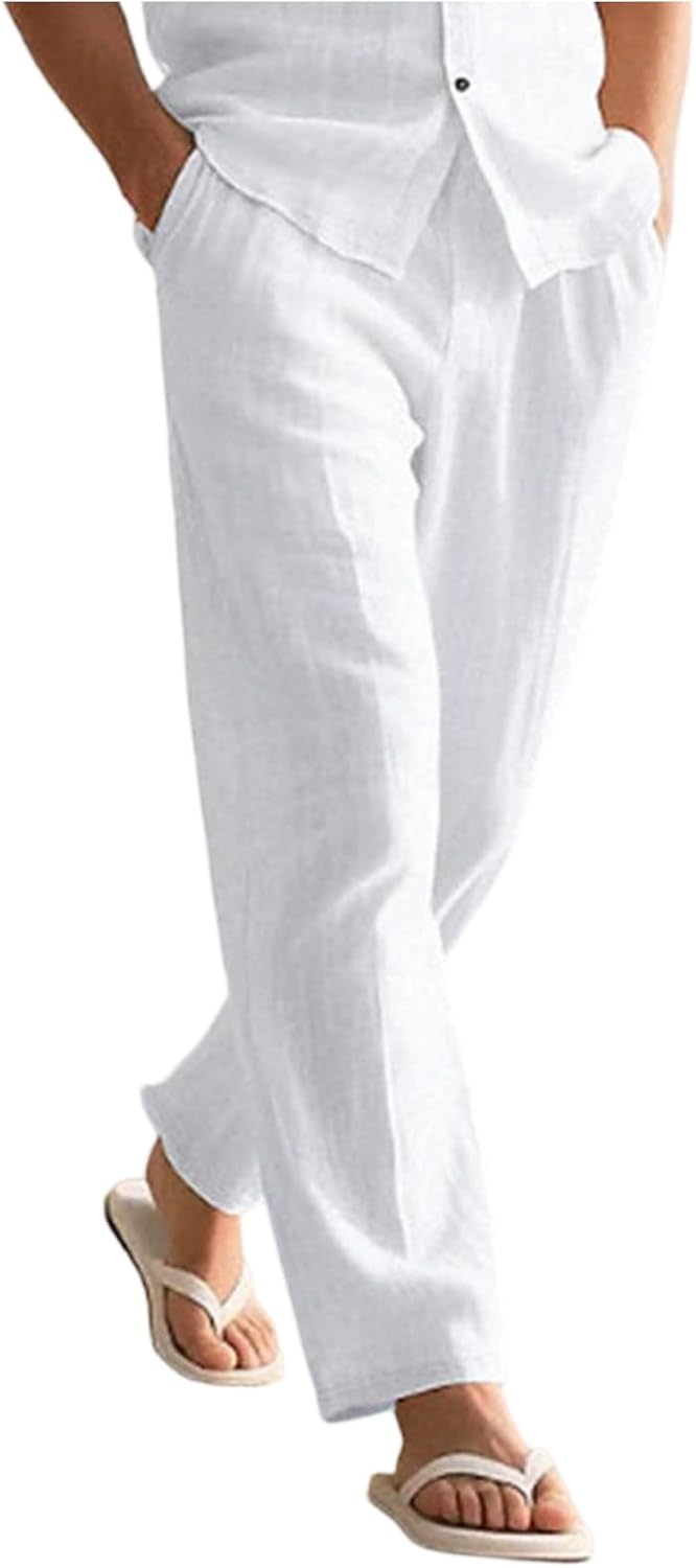 Beach Pants for Men Cotton Linen Straight Leg Elastic Waist Trousers Comfortable Lightweight Summer Vacation Yoga Lounge Pant