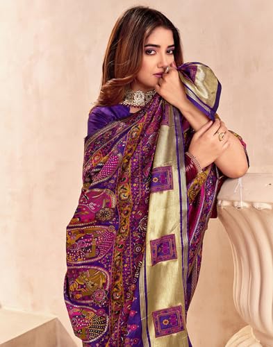 Image of SIRIL Women's Silk Kashmiri Minakari Jacquard Saree With Unstitched Blouse Piece