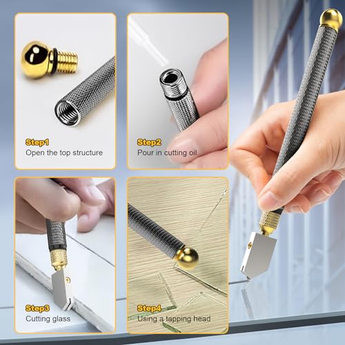 Glieskir Glass Cutter, Upgrade Glass Cutter Tool, Pencil Style Oil Feed Carbide Tip for Glass Cutting/Tiles/Mirror/Mosaic, 2mm-20mm - Thumbnail 6