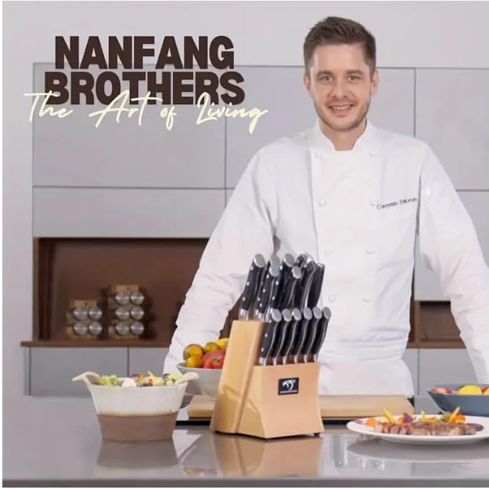 Miniatura 5 de Juego de cuchillos de cocina profesionales de 15 piezas con bloque de madera negro, mango ABS antideslizante, tabla de cortar, tijeras de cocina,