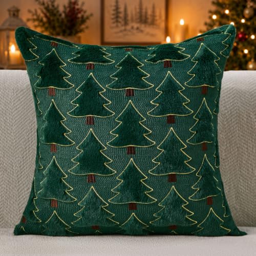 Image of Allorry Christmas Pillow Covers 18x18 inch Set of 2 Christmas Decorations Soft Plush Faux Fur Wool Green Yellow Christmas Tree Throw Pillow Cases Winter Holiday Decor for Sofa Living Room PT-012A18