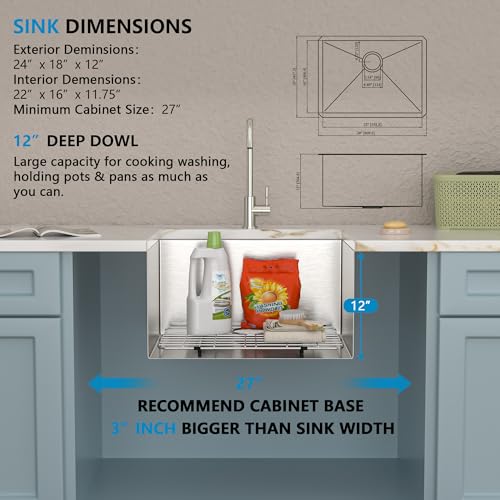 Image of 24 inchx18 inch Undermount Laundry Utility Sink - 16 Gauge T304 Stainless Steel 12 Inch Deep Single Bowl Under Counter Basin for Kitchen, Laundry Room, RV or Utility Use