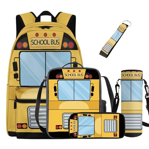 Suobstales School Bus Print 5 Pack Kids Backpack with Lunch Box Pencil Case Water Bottle Sleeve Keychain for Boy 17 Inch Kindergarten BookBag School Bag Preschool Kindergarten Toddler Backpack