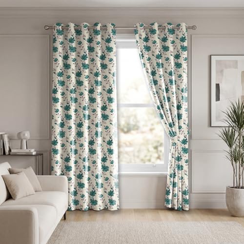 Image of LINENWALAS Printed Blackout Curtains for 10 Feet Long Door | Set of 2 | Digital Printed Floral Drapes | Thermal Insulated, Room Darkening Panels with Grommet Hanging for Living Room (Teal Bloom)