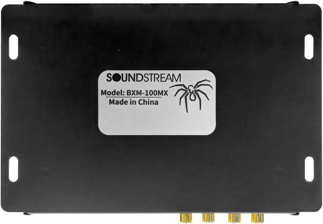 Bottom view of the Soundstream BXM-100MX Bass Restorer, showing the product label with model number and manufacturing origin.