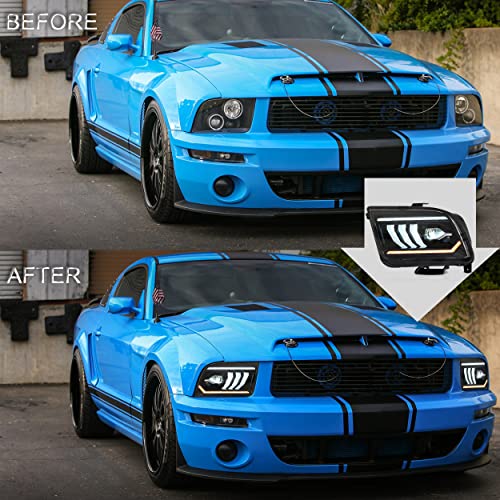 Vland Projector Headlights Assembly Compatible With Ford Mustang 2005-2009 (Not For Shelby Gt500/ Gt500Kr) W/Dynamic Start-Up Drl, Led Front Light With Sequential Turn Signal, Plug-N-Play Headlamp #TOP5