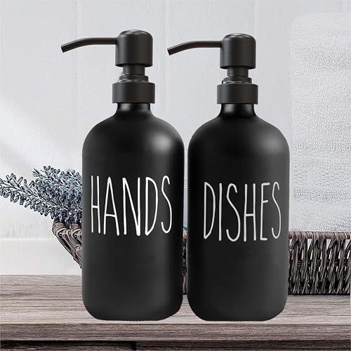 Image of Sunrise Premium 16 OZ Thick Black Glass Soap Dispenser, Matte Black Stainless Steel Pump 2 Pack, Hand and Dish Soap Dispenser Set for Bathroom with 6 Waterproof Labels