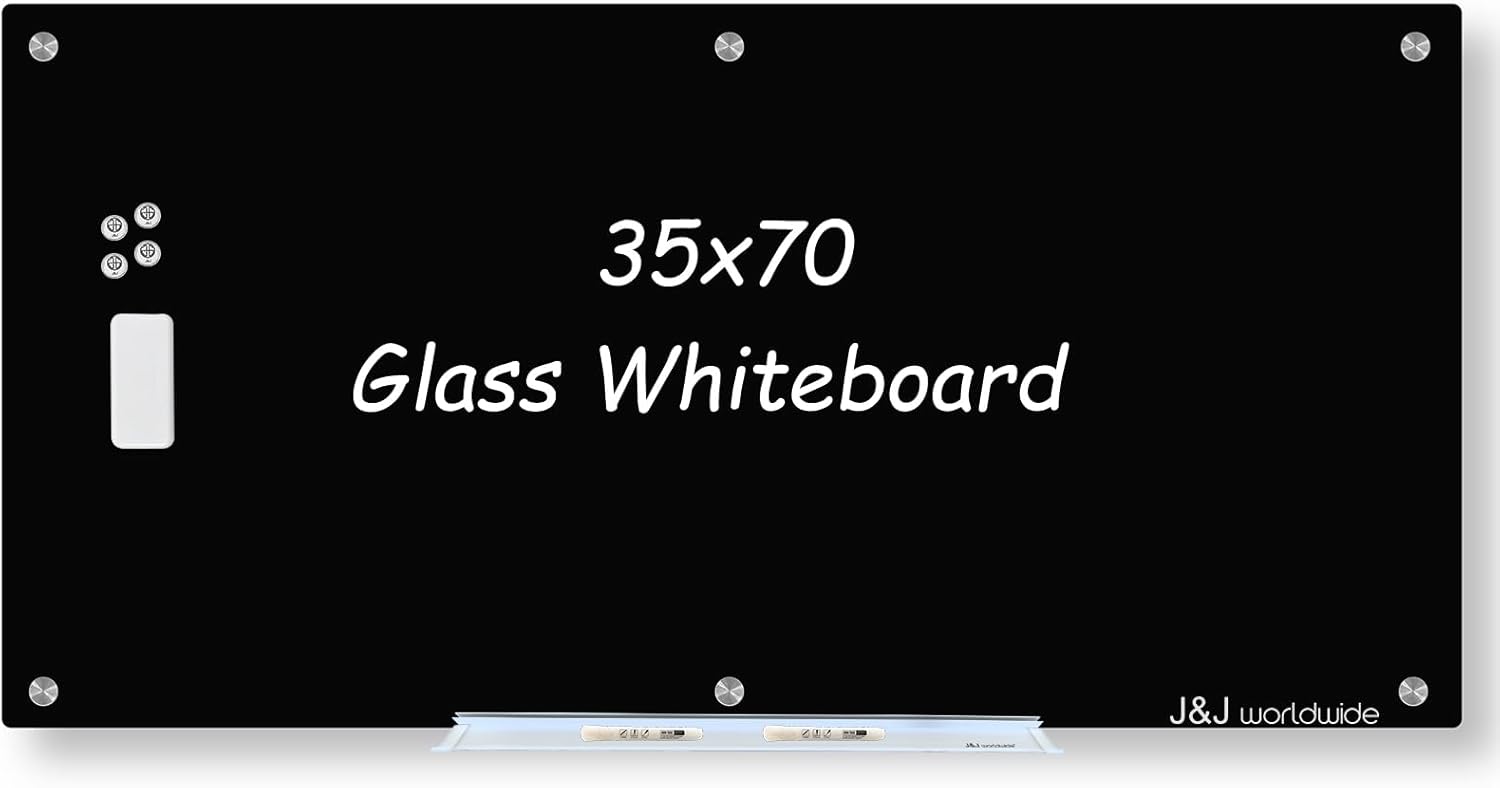 Magnetic Glass Whiteboard, Black Glass Dry Erase Board 6' x 3', Large White Board Frameless for Office Home & School Wall with Magnets, Eraser, Markers