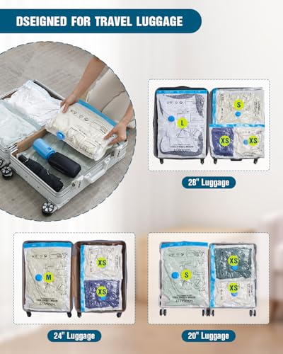 Vacuum Storage Bags for Travel, 8 Pack (4S+4XS) Vacuum Seal Bags with Wireless Rechargeable Electric Pump, Travel Essentials Space Saving Compression Bag for Clothes, Luggage, Suitcase, Backpack, Trip