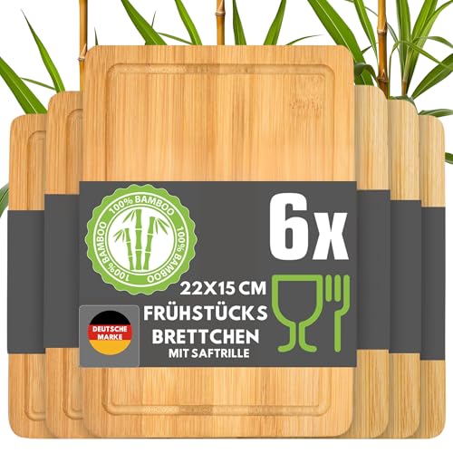 DuneDesign Frühstücksbrettchen Holz 6er Set - Bambus Holzbrett 22x15 cm für Küche & Frühstück - stabiles Stullenbrett für Vesper, Brotzeit und Snacks - langlebiges Schneidebrett klein - Brotbrett