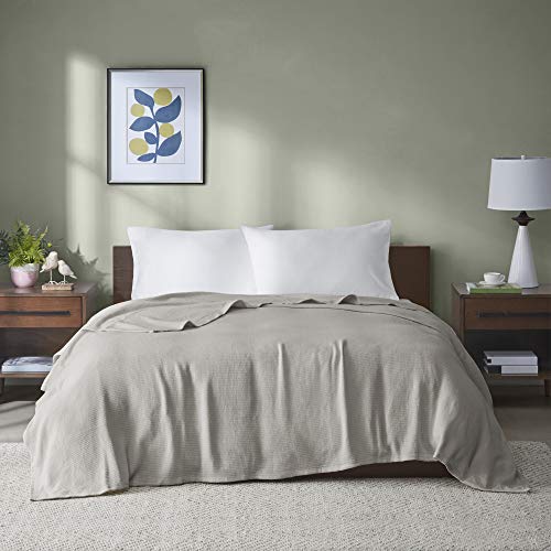 Madison Park Freshspun Basketweave Luxury Cotton Blanket Grey 66x90 Twin Size Basketweave Premium Soft Cozy 100% Cotton for Bed Couch or Sofa
