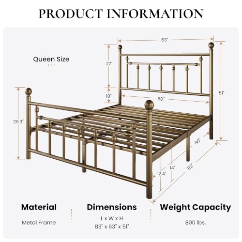 Image of SHA CERLIN 51 inch Queen Size Metal Bed Frame, Vintage Headboard,Antique Bronze