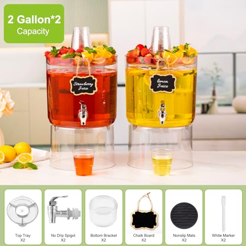 2 Gallon Beverage Dispenser for Parties 2 PACK, BPA-Free Drink Dispenser with No Drip Spigot, Juice Dispensers with Stand, Transparent Plastic Water Dispenser, Drink Fountains with Multi-Function Lid