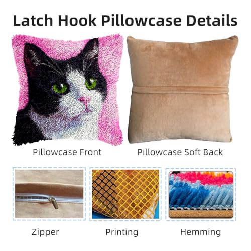 Image of DIY Latch Hook Pillow Kits Black and White Cat with Green Eyes Printed Pillowcase Crochet Yarns Hooking Handmade Pillow Cover Cushion for Home Sofa Decoration 17x17inch-1