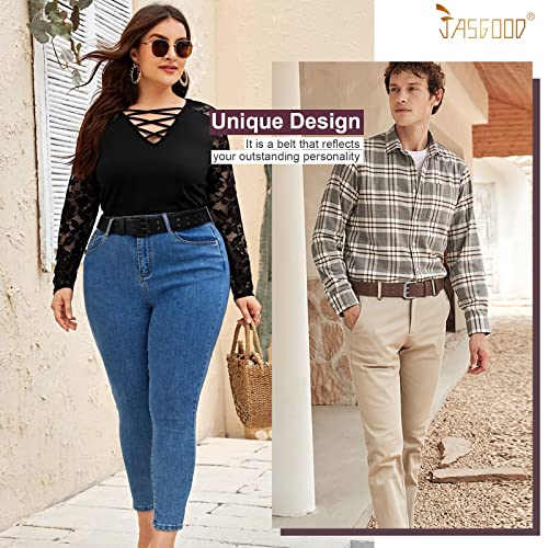 Image of JASGOOD Men Double Prong PU Leather Belt Casual Work Heavy Duty Belt Double Grommet Holes Belt for Jeans