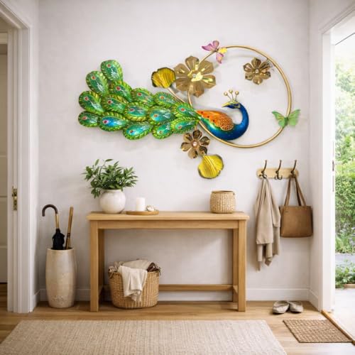 Image of SHREE 'O' GREEN TECH - Handcrafted Metal Big Golden Peacock Wall Art Leaf Frame Showpiece Multicolor Decor for Home, Living Room, Drawing Room & Bedroom Decor (Size 41x25 Inch)