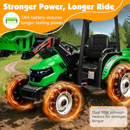 SPECRAFT 24V Kids Tractor with Trailer & Front Loader, 3-in-1 Electric Construction Vehicle with Remote Control, 4-Gearbox, Dual Motors, Metal Frame, Power Wheels for Big Kids (Green) - Thumbnail 7