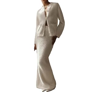 Womens Elegant White Angora Two-Piece Suit Set Long Sleeve Cardigan with Maxi Skirt Winter Formal Wear