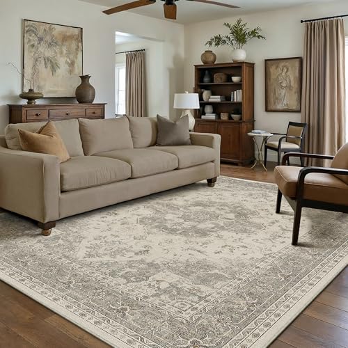PureCozy 6x9 Washable Area Rug Beige Grey Vintage Distressed Large Rug for Living Room Oriental Soft Thin Indoor Retro Gray Carpet Non Slip Low Pile Floor Cover for Bedroom Dining Room Offic
