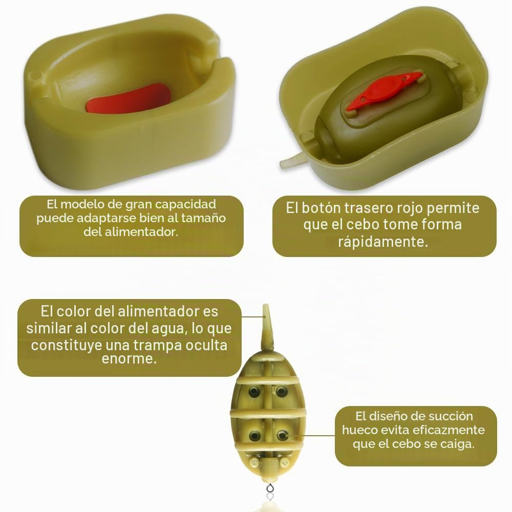 Alimentador De Metodo De Pesca con Anzuelo de Pesca (Tamaño 2), 6 Piezas Accesorios De Pesca Comederos 15/20/30/40/50/60g con Molde De Liberación Rápida