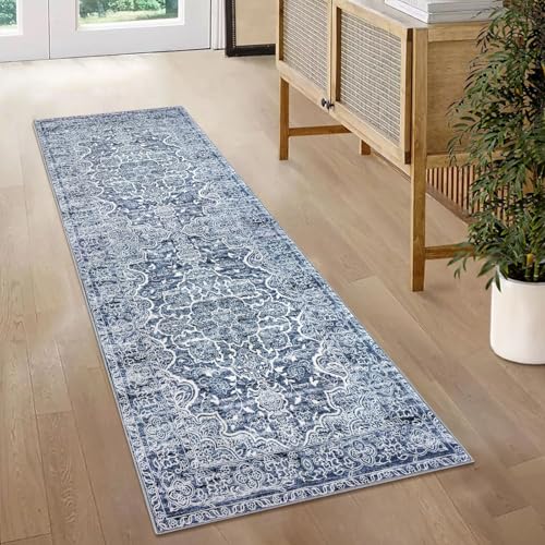 KUTA Vintage Washable Runner Rug, 2x5 Runners Non-Slip Blue White 5ft Hallway Kitchen Rugs Ultra Soft Printed Floral Distressed Tribal Farmhouse Carpet for Bedroom Entryway Decor