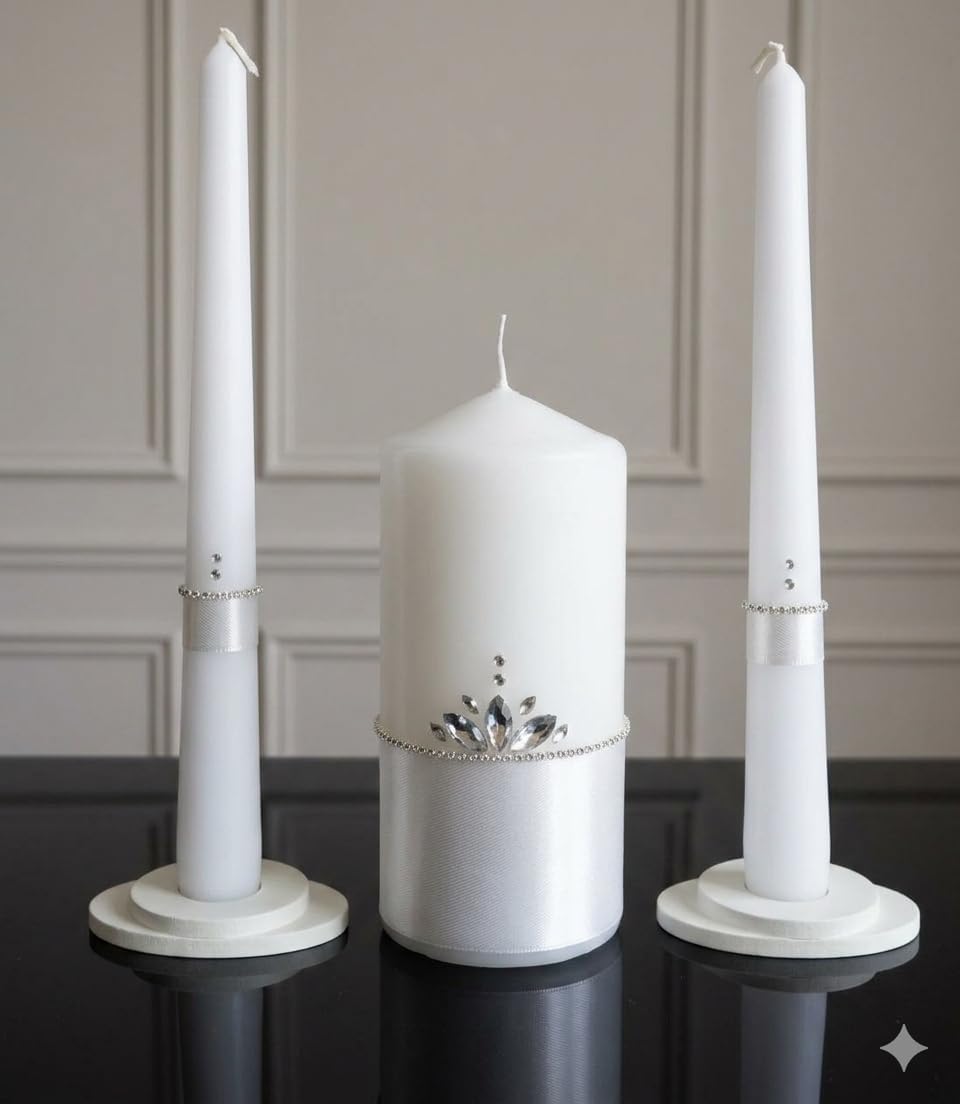 Unity Candle Set - Wedding Ceremony & Reception Candle – 6” Pillar & Two 10” Taper Candles – Long Burning Unity Candles for Marriage Ritual – Handmade in USA –White |Classic|Crown