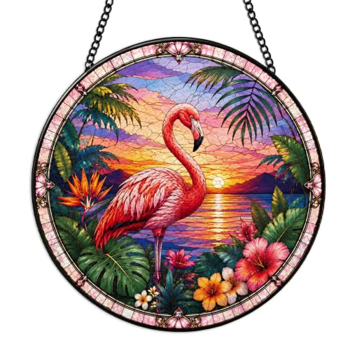 QZQE Pink Flamingo Gifts Suncatchers Stained Glass Window 7.9x7.9in