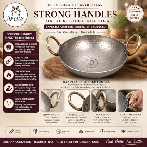Image of Pure Iron Matthar Kadhai | Heavy Duty Hammered Iron Kadai with Strong Handles | Traditional Cooking Wok for Gas Stove | Deep Iron Kadhai for Indian Cooking (9 inch 22 CM 400ML)