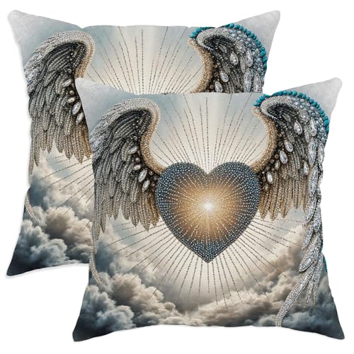 Juego de 2 fundas de cojín con diseño de alas y corazones, color dorado, de terciopelo suave, lavable, para sala de estar, dormitorio, loft, oficina, automóvil, 22 x 22 pulgadas