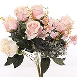 Künstliche Blumen, künstliche Blumen, künstliche Rosen, Seidenrosen mit Stiel, Blumenstrauß, Hochzeit, Party, Heimdekoration, Blumenstrauß besteht aus 6 Blumen und 3 Knospen, Party-Dekoration