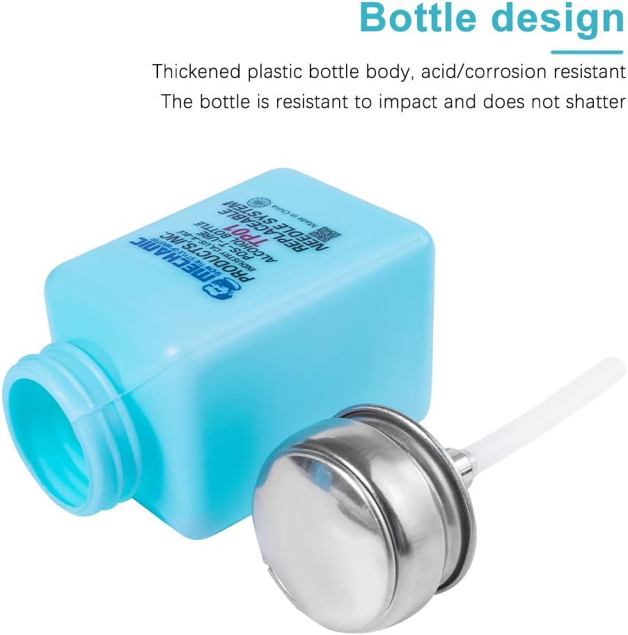 Metal Cap Liquid Alcohol Bottle Press Type Solvent Dispenser Press Pumping ESD Fluid Dispenser Plastic Container Empty Plastic Liquid Alcohol Bottle for PCB Motherboard Cleaning (Blue) (200ML)