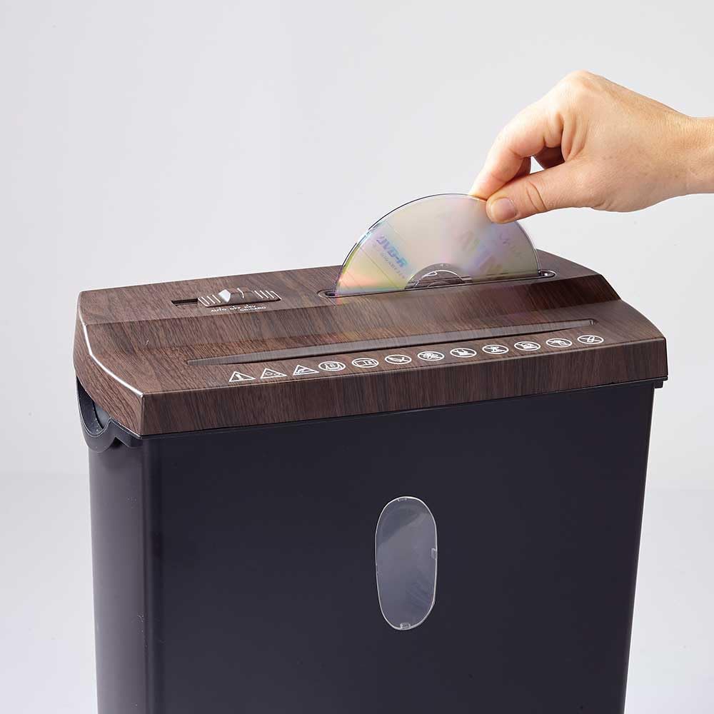 EUROtops Multifunktions-Aktenvernichter in Holz-Optik, 11 l Auffangbehälter | Shredder für Papier, Kreditkarten, CDs und DVDs, 230 W, kompakt, Datenschutz für Zuhause und Büro, Papierschredder
