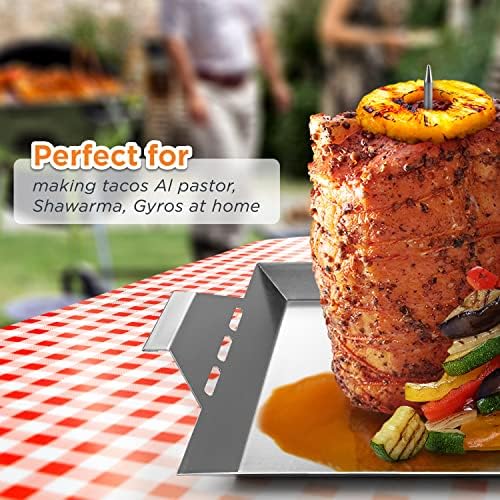 Stainless Steel 304 Vertical Skewer for Tacos Al Pastor, Shawarma, Kebabs- 13in SUS BBQ Grilling Accessory with Removable Spikes - Use on Charcoal Grills or Stove- Handles, No Drip Plate (13" Base)