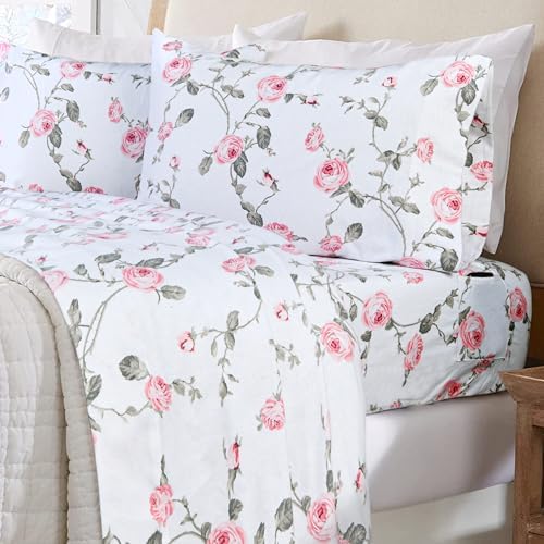 EnvioHome 100% Cotton Flannel Sheets King - Warm & Cozy Ultra Soft Velvet Plush 170 GSM Heavyweight Anti-Pill Flannel King Size Bed Sheets, 16" Extra Deep Pocket Fitted Sheet - King, Blush Floral
