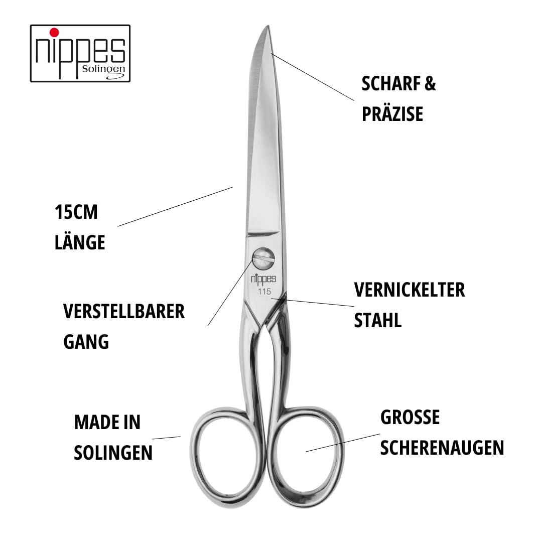nippes Solingen Tijeras profesionales para el hogar [para zurdos] de acero niquelado | 15 cm | Tijeras multiusos para cortar papel, cartón y embalajes | Calidad de Solingen