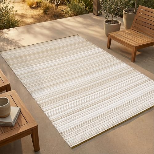 FH Home Outdoor Rug - Waterproof, Fade Resistant, Reversible - Premium Recycled Plastic - Striped - Patio, Deck, Porch, Balcony - Havana - Beige Crease Free - 5 x 8 ft