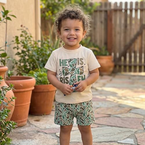 Image of Toddler Boy Easter Outfit Letter Cross Short Sleeve T Shirt Camouflage Shorts Set 2T 3T 4T 5T Summer Outfits