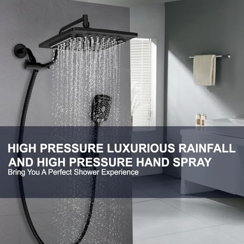 Image of ELLO&ALLO Rain Shower Head with Handheld Spray, Rainfall Shower Head Combo with 60 inch Hose, Dual Showerhead Set with Adjustable Shower Extension Arm, Matte Black