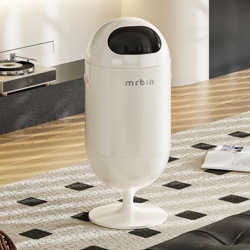 Image of MRBIN Metal Trash Can with Lid, 5.3 Gallons / 20L Medium Decorative Waste Basket, Round Tall Garbage with High Leg for Bathroom, Office, Bedroom, Kitchen, Cream White