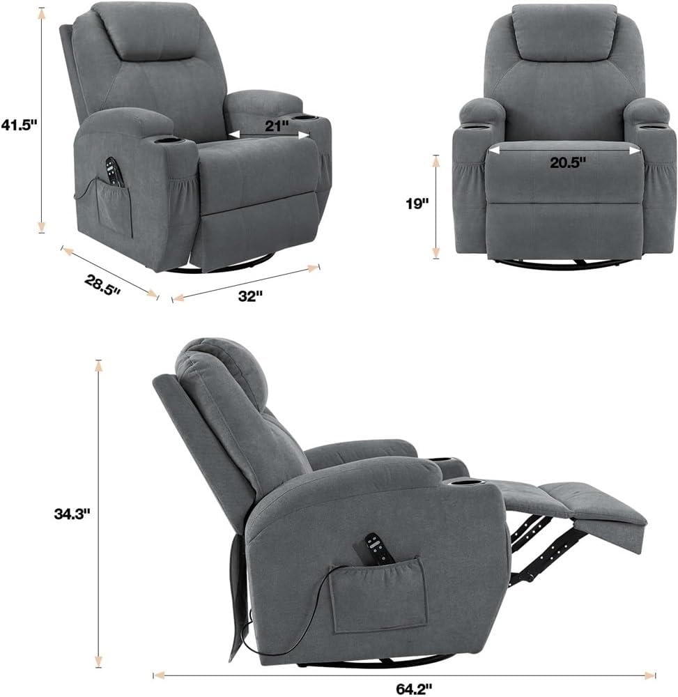 Modern Recliner Chair Rocking Recliner Chair with Massage, Swivel Recliner Chairs for Adults, Ergonomic Design, 2 Cup Holders and Side Pockets - Living Room Chair or Home Theater Seat