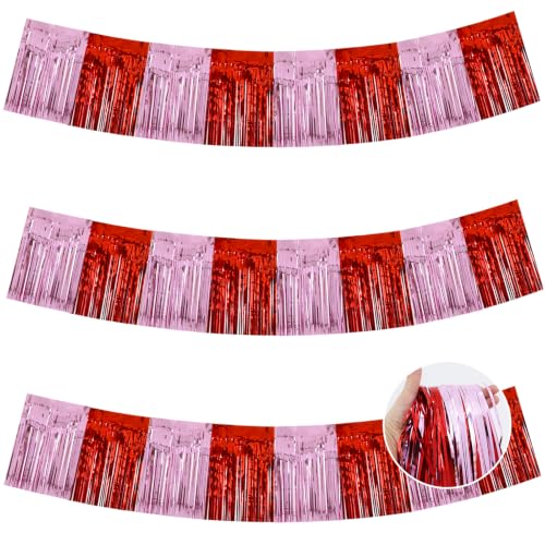 Image of BEISHIDA 3 Pack Red Pink Foil Fringe Garland 30ft Wall Tinsel Banner