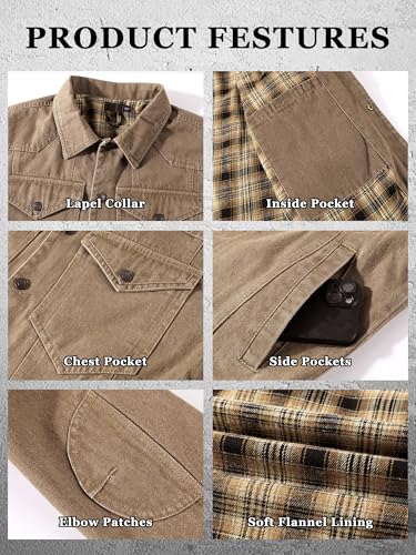Image of Men's Denim Jacket Lined Flannel Plaid Vintage Cowboy Cut Western Classic Trucker Motorcycle Snap Fall Long Sleeves