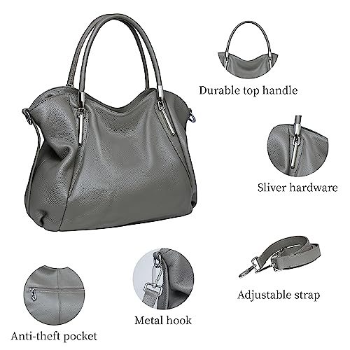 HESHE Shoulder Bags Genuine Leather Purses for Women Satchel Bag Travel Tote Bag Stylish Designer Handbags(Grey) - Thumbnail 6