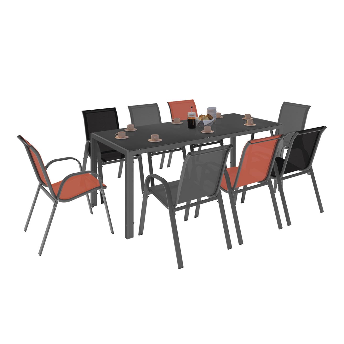 IDMarket - Salon de Jardin Madrid Table 190 cm et 8 chaises empilables Mix Color Gris, Noir et Terracotta