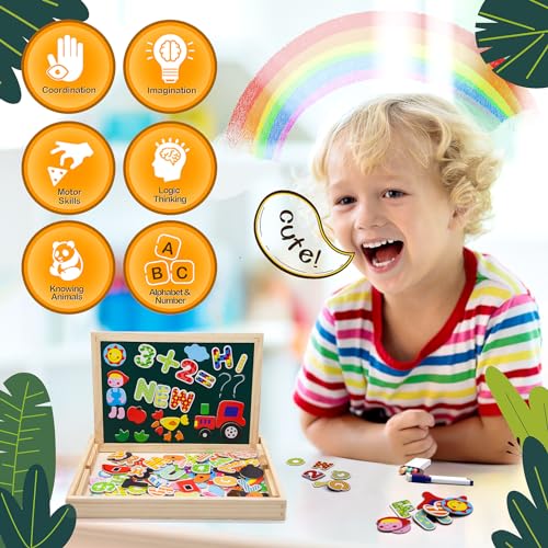 Uping Holzpuzzle mit Doppelseitige Magnettafel,Kinder Magnetische Holzspielzeug,155 Stücke Nettes Farm Tier/Auto/Buchstaben Digitales Puzzle -Muster, Geschenk für Junge und Mädchen