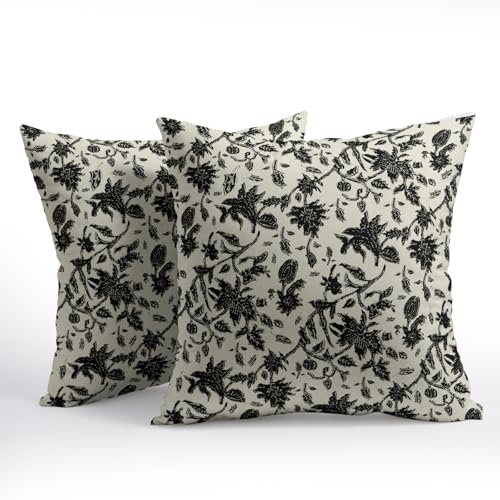 Black Floral Block Print Throw Pillow Covers 18x18 Inch Set of 2 Vintage Boho Cottage Spring Fall Decor Cushion Cover Neutral Accent Modern Pillowcase for Home Bedroom Sofa Couch