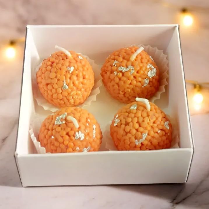Diceandberry Pack of 4 Laddoo Mithai Soy Wax Scented Candle, Sweets Candle, Dessert Food Candle, Celebration Festivals Candles