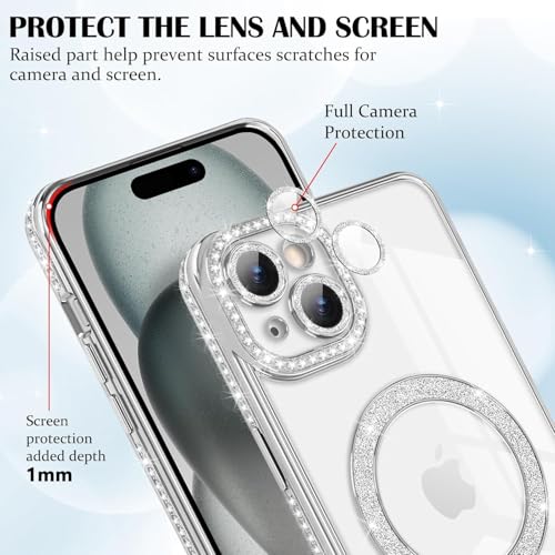 Image of DIZORO Compatible with (iPhone 15 Case) Clear Luxury Diamond Glitter Case |Camera Lens Protector with Glitter Ring | Premium Shockproof Glossy Shiny Back Cover Case for Girls Women -Silver