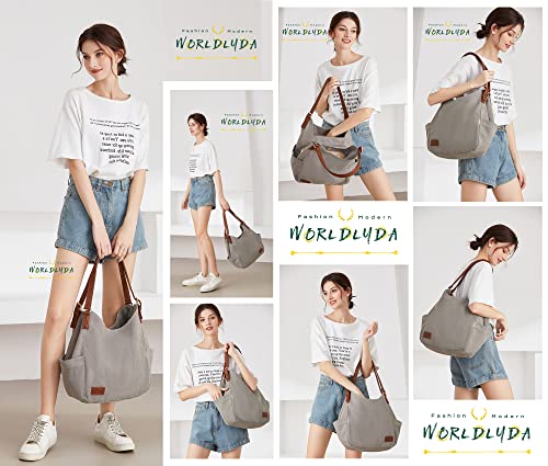 Image of Worldlyda Women Canvas Hobo Purse Multi Pocket Tote Shopper Shoulder Bag Casual Top Handle handbag with Embroidery Ethnic