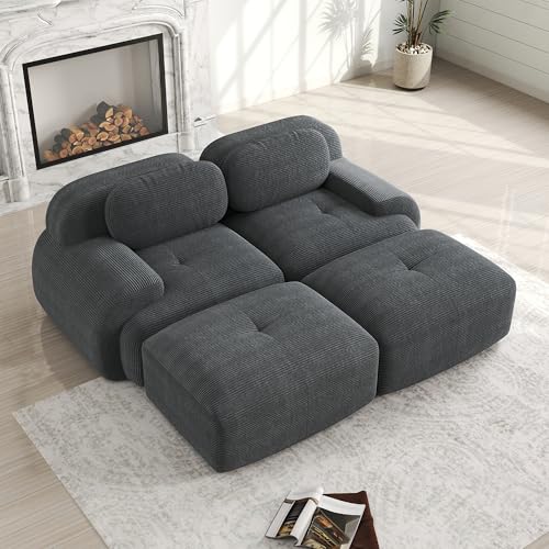 TIZZ Sofá de 2 plazas gris de pana modular combinable con chaise longue, reposabrazos ergonómicos antideslizantes y acolchado altamente elástico para salón y dormitorio